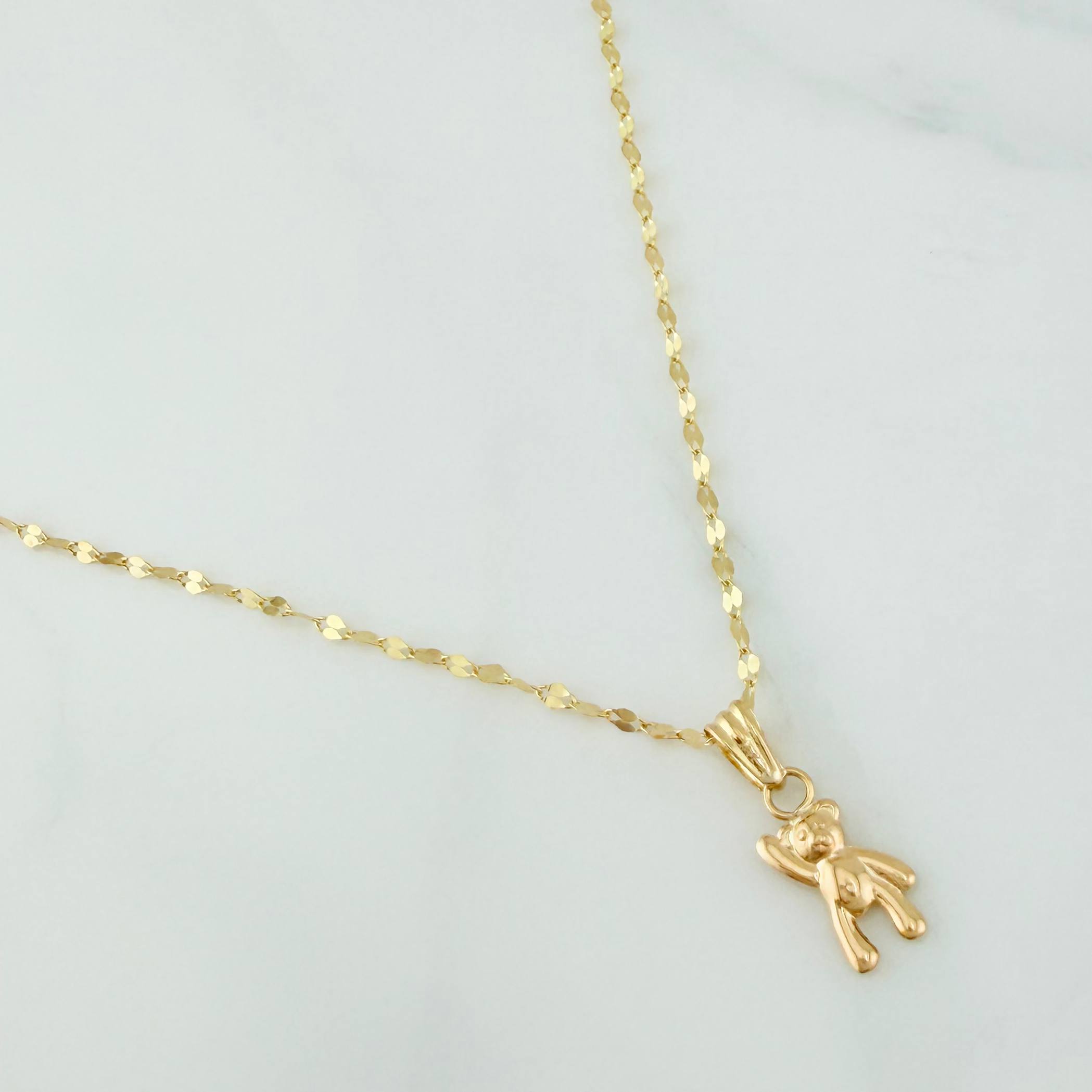 Set Cadena Flor Espejo + Dije Oso / 1.35gr / 44 cm Oro Amarillo 18K