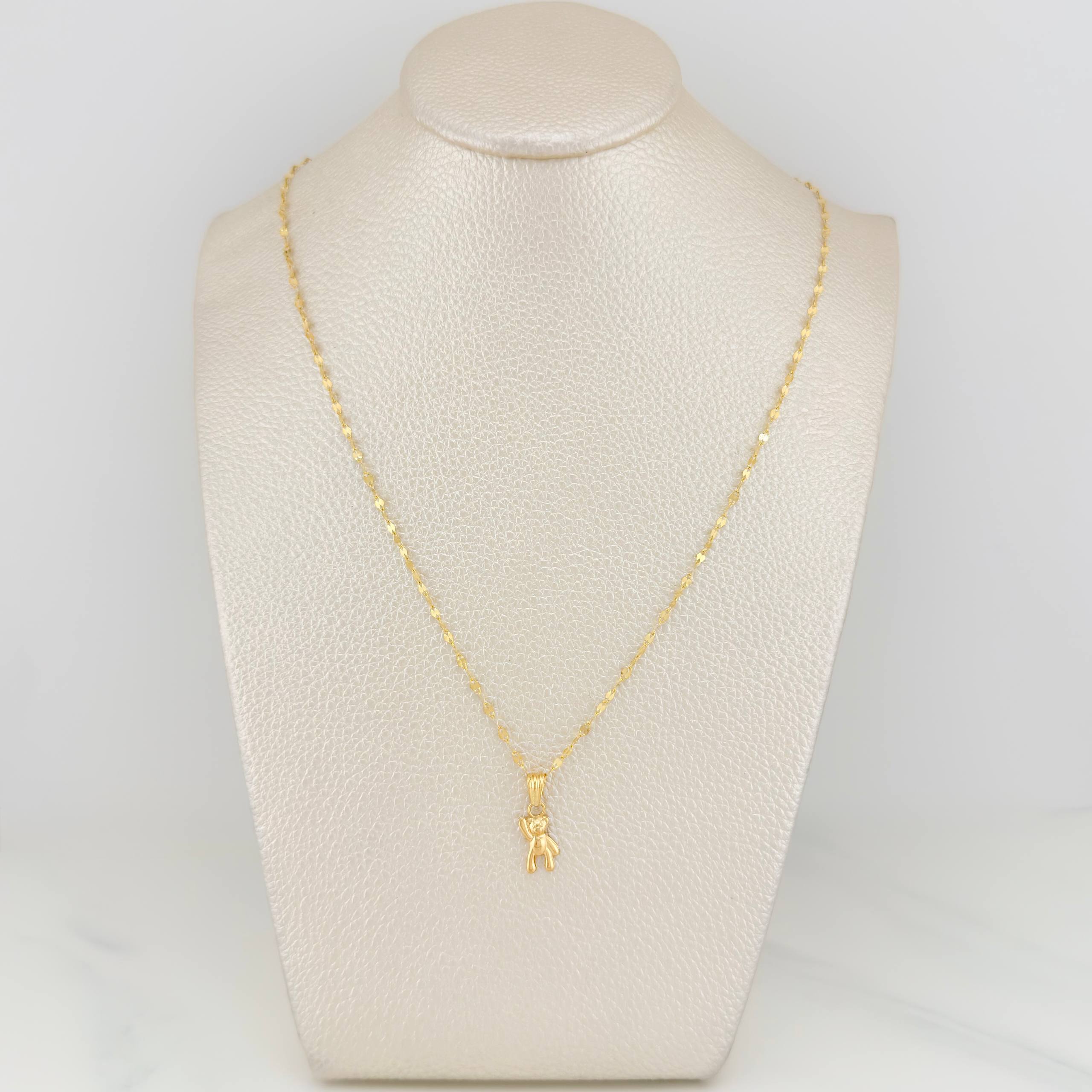 Set Cadena Flor Espejo + Dije Oso / 1.35gr / 44 cm Oro Amarillo 18K