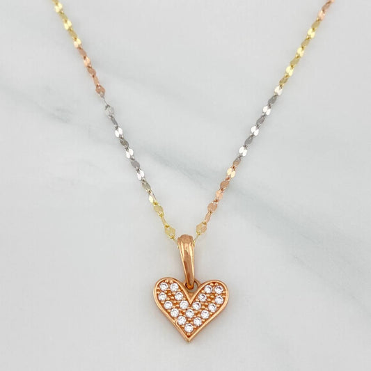 Set Cadena Flor Espejo + Dije Corazón / 1.95gr / 45 cm Tres Oros 18K