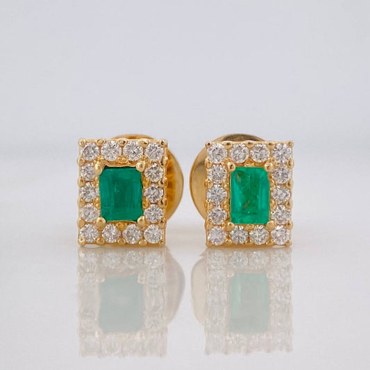 Topos Halo Cuadrado Diamantes 56pts Esmeralda 22pts 3.4g / 6.45mm Oro Amarillo 18K