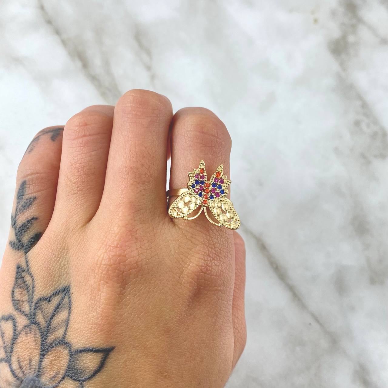 Anillo  Mariposa Papilio  3.65gr / T8 /  Circones Azul Fucsia Naranja Rosa Oro Amarillo 18K