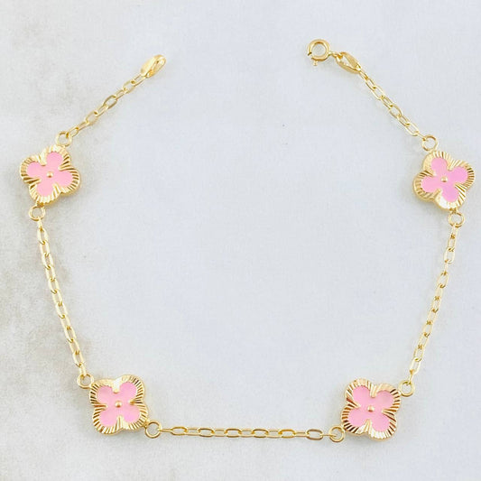 Pulso Trebol Rosado 3.2gr / 18.5cm / 9mm Oro Amarillo 18K ©