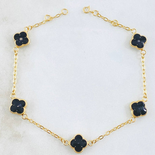 Pulso Trebol Negro 3.6gr / 20.5cm-21.5cm / 8mm Oro Amarillo 18K ©