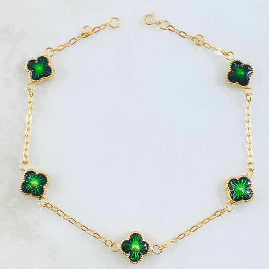 Pulso Trebol Verde 3.35gr / 20.5cm-21.5cm / 8mm Oro Amarillo 18K ©