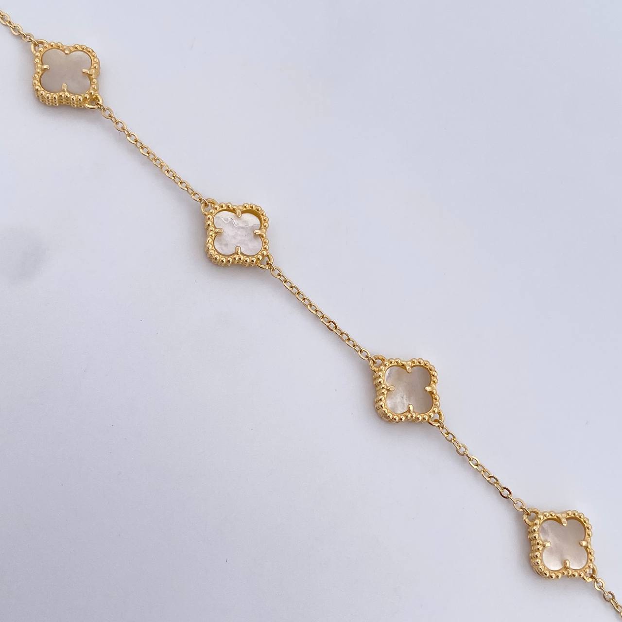 Pulso Trebol Aro Seguido 6.35gr / 18.8cm / 1.5mm Nacar Blanco Oro Amarillo Nac.Esp. 18K &