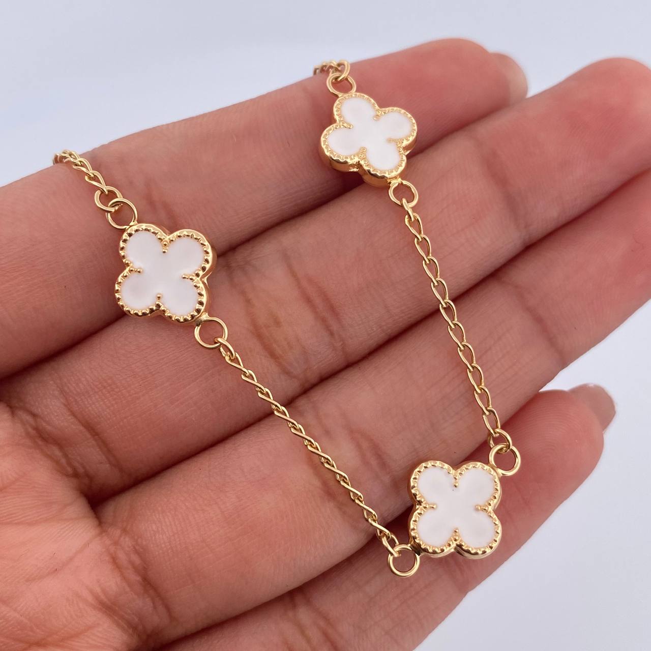 Pulso Trebol Espiga 3.1gr / 18.5cm / 1.4mm Electroestatico Blanco Oro Amarillo 18K &