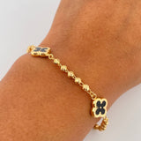 Pulso Trebol Militar 4.6gr / 18.7cm / 3mm Bolas Diamantadas Electroestatico Negro Oro Amarillo 18K &