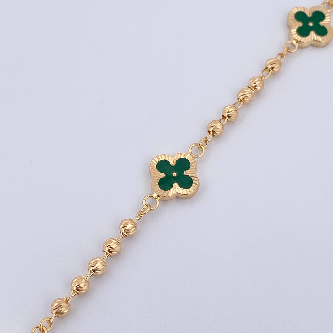 Pulso Trebol Militar 4.5gr / 19cm / 3mm Bolas Diamantadas Electroestatico Verde Oro Amarillo 18K &