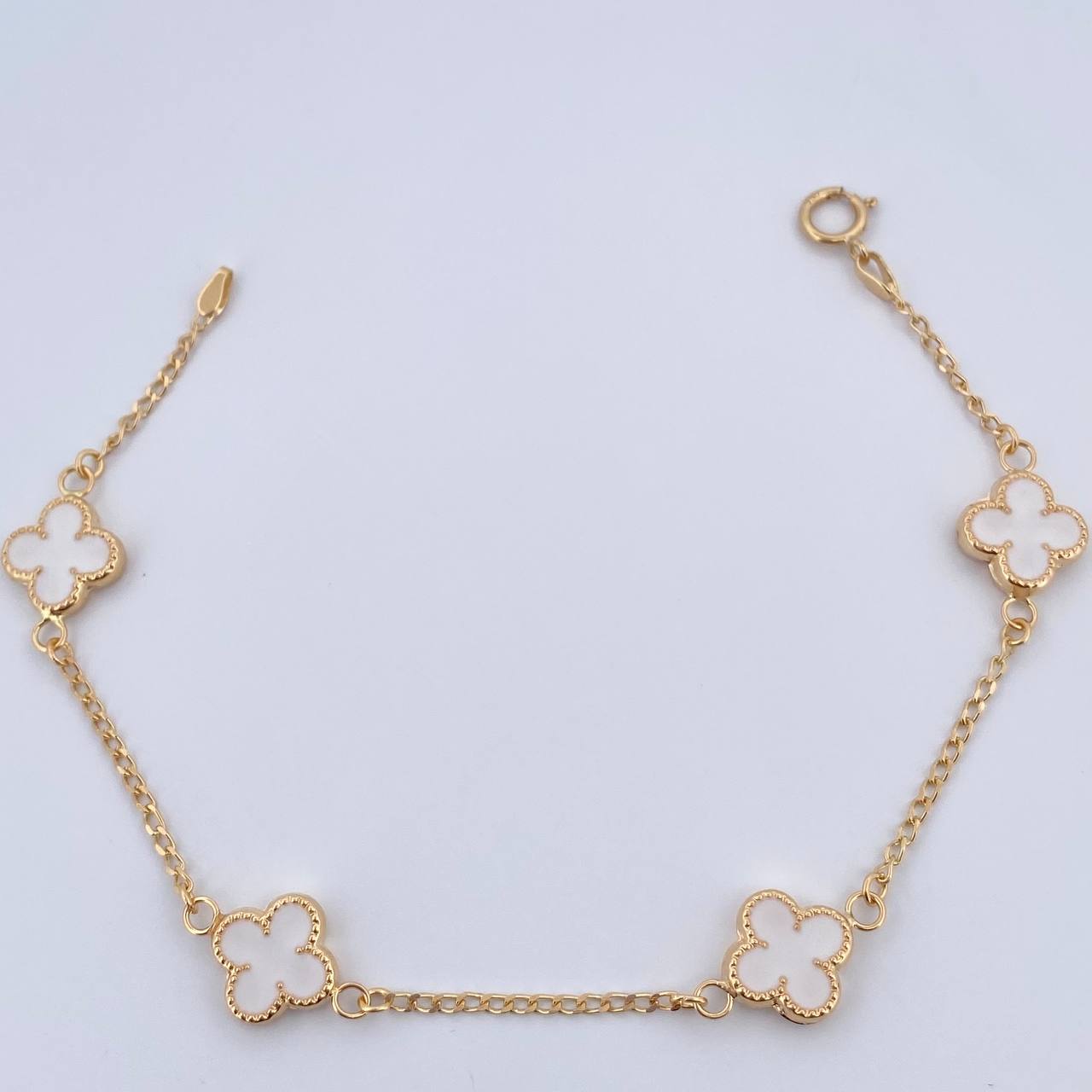 Pulso Trebol Espiga 3.35gr / 18.6cm / 1.5mm Electroestatico Blanco Oro Amarillo 18K &