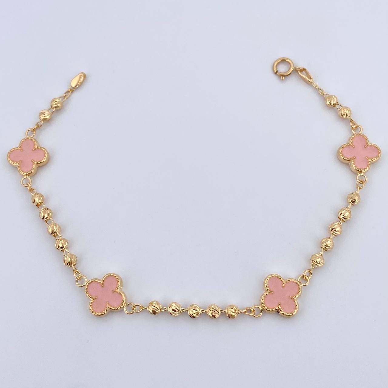 Pulso Trebol Militar 4.15gr / 18.5cm / 3mm Bolas Diamantadas Electroestatico Rosado Oro Amarillo 18K &