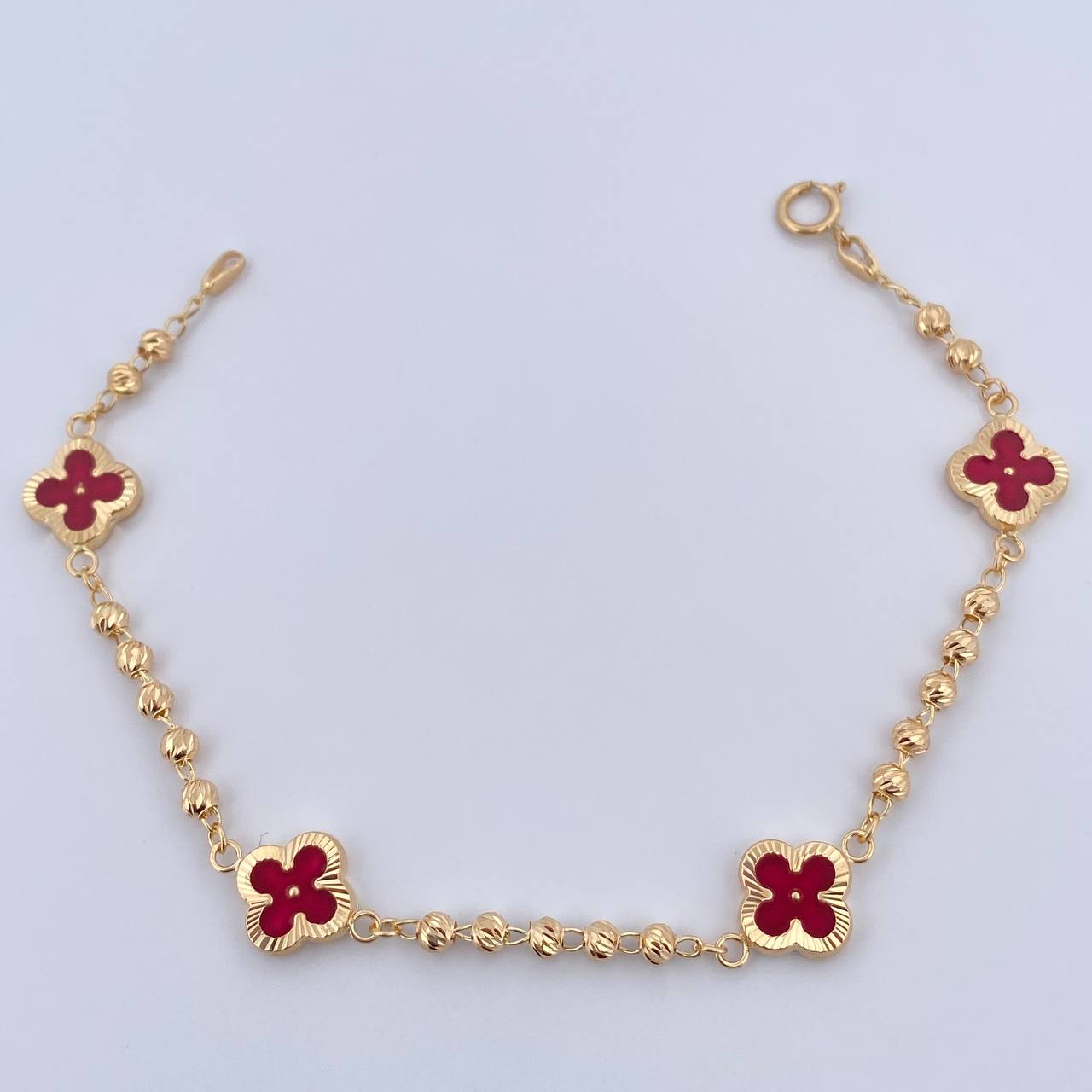 Pulso Trebol Militar 4.6gr / 19cm / 3mm Bolas Diamantadas Electroestatico Rojo Oro Amarillo 18K &
