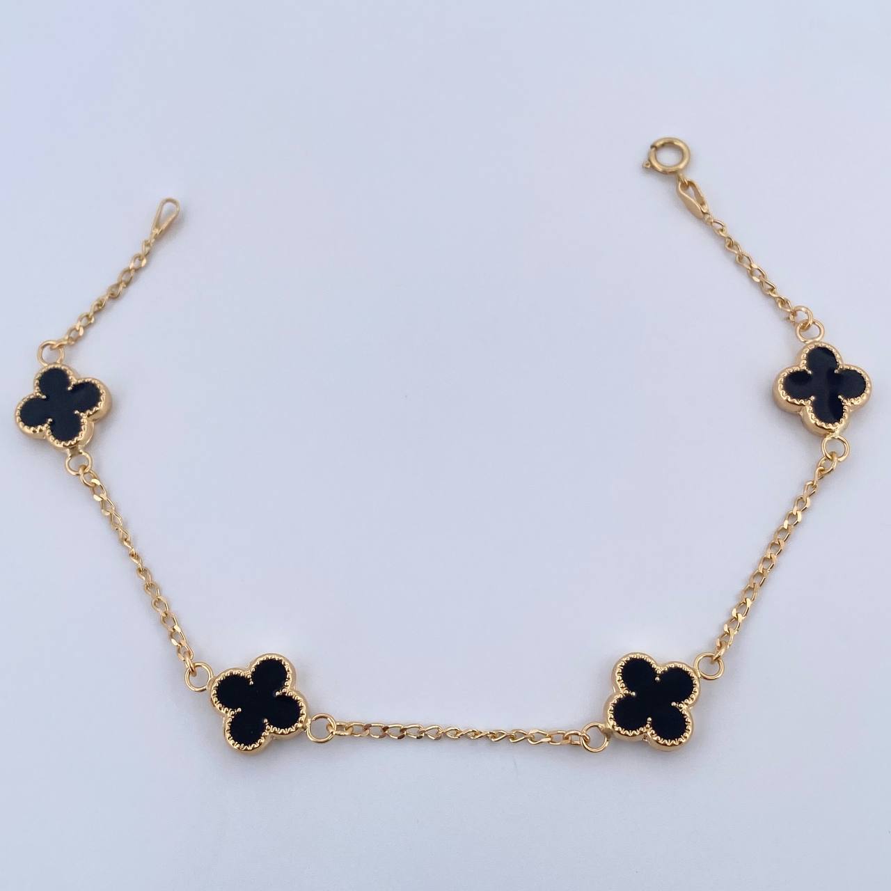 Pulso Trebol Espiga 3.15gr / 18.6cm / 1.5mm Electroestatico Negro Oro Amarillo 18K &