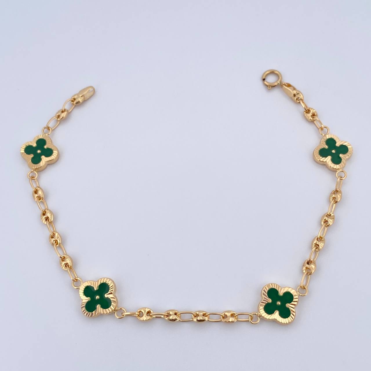 Pulso GC Trebol 4.45gr / 19cm / 3.1mm Diamantado Electroestatico Verde Oro Amarillo 18K &