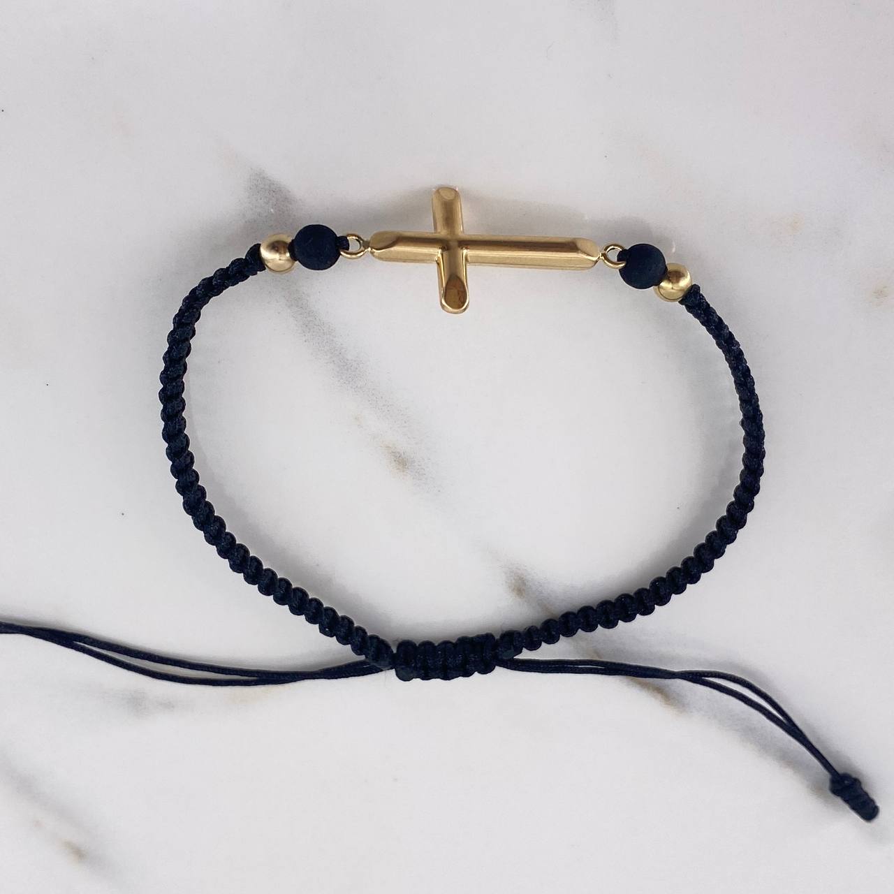Pulsera Herraje Cruz Negra 1.25gr / 4mm Bolas Lisas Oro Amarillo 18K &