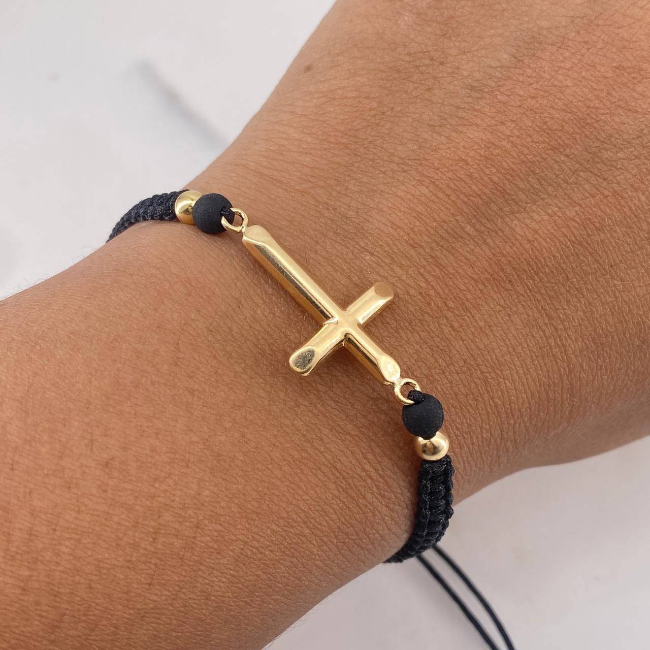 Pulsera Herraje Cruz Negra 1.25gr / 4mm Bolas Lisas Oro Amarillo 18K &