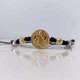 Pulsera Negra Herraje San benito 2.9gr / 6mm Bolas Diamantadas Tres Oros 18K &