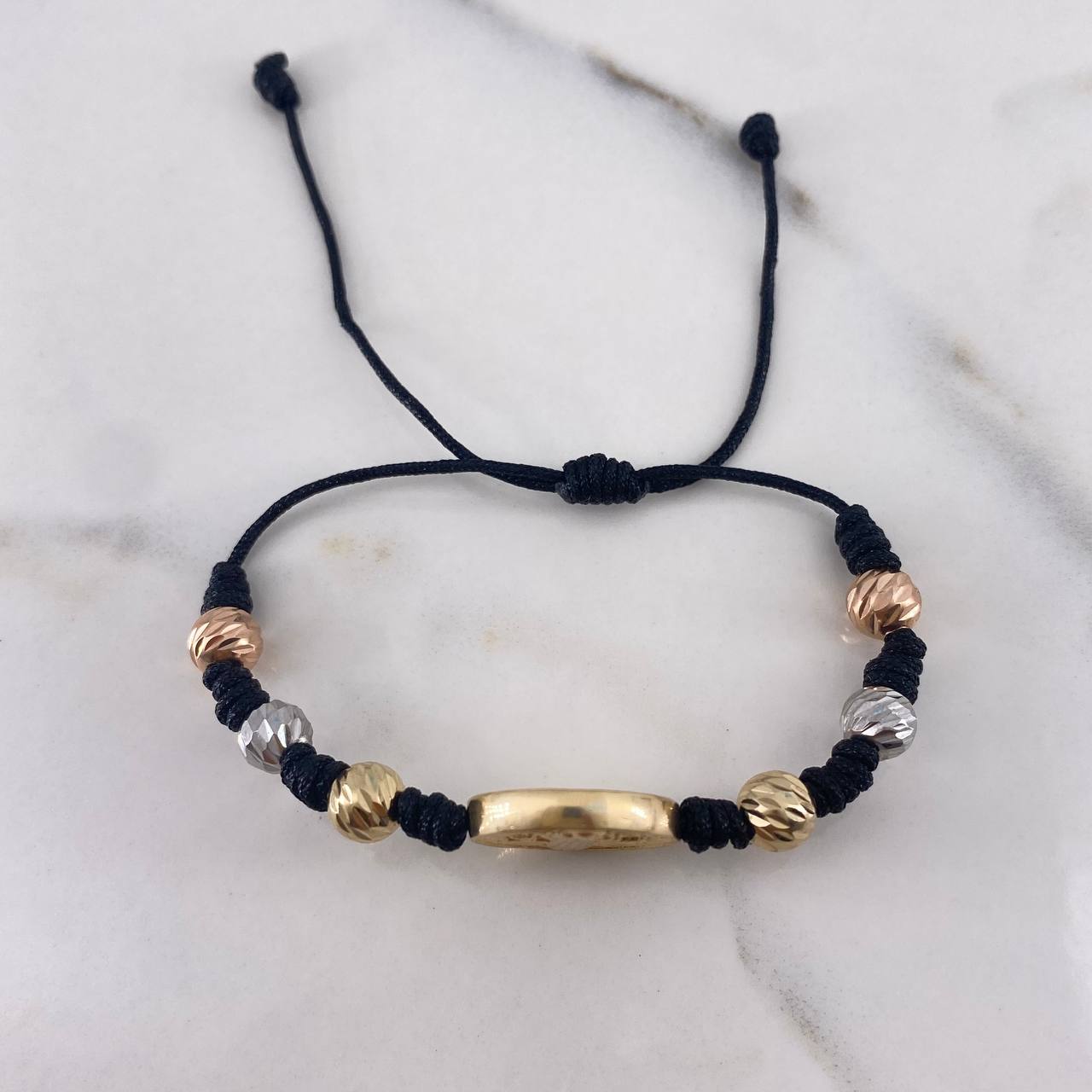 Pulsera Negra Herraje San benito 2.9gr / 6mm Bolas Diamantadas Tres Oros 18K &