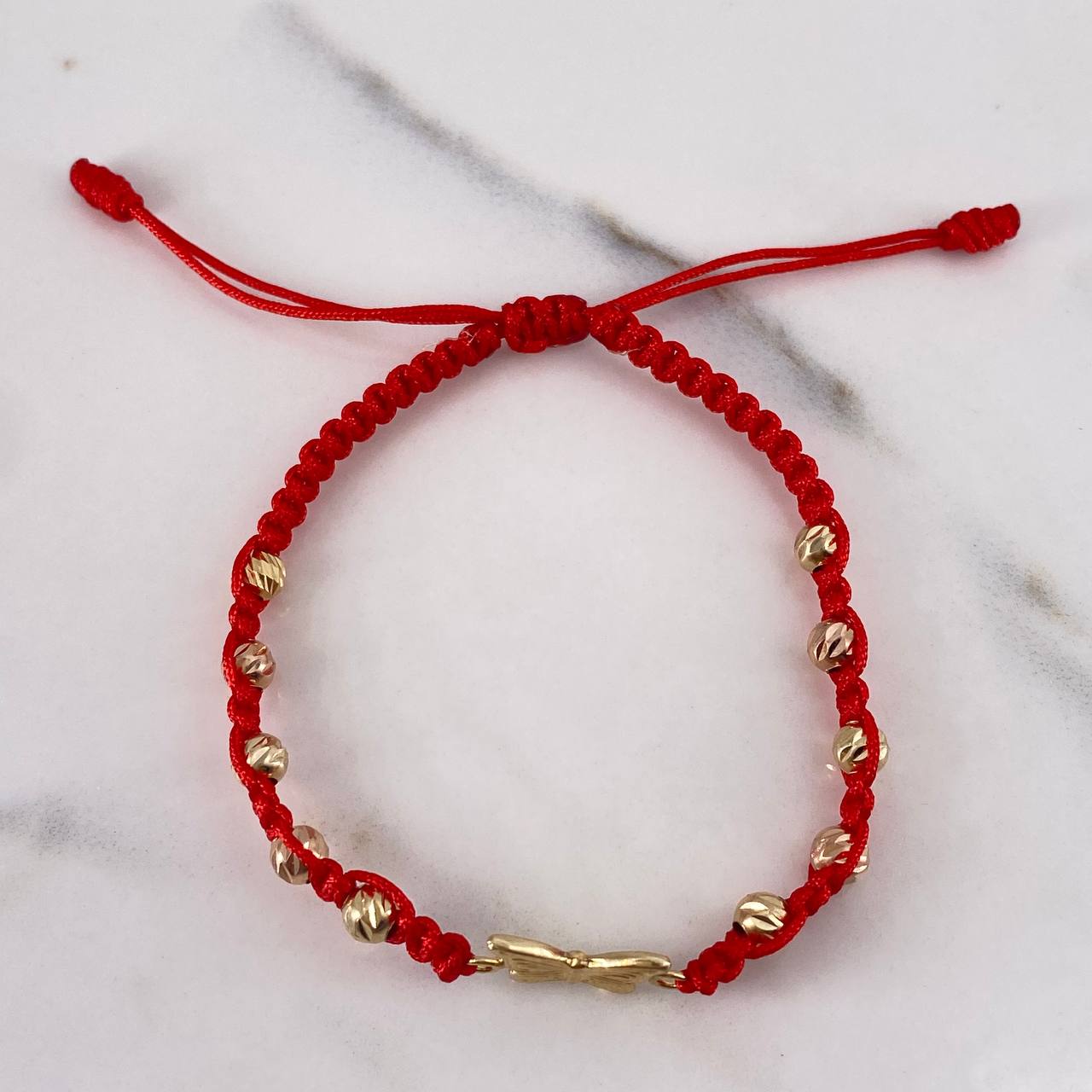 Pulsera Roja Herraje Mariposa 1.5gr / 4mm Bolas Diamantadas Oro Amarillo 18K &