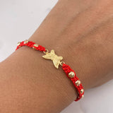 Pulsera Roja Herraje Mariposa 1.5gr / 4mm Bolas Diamantadas Oro Amarillo 18K &