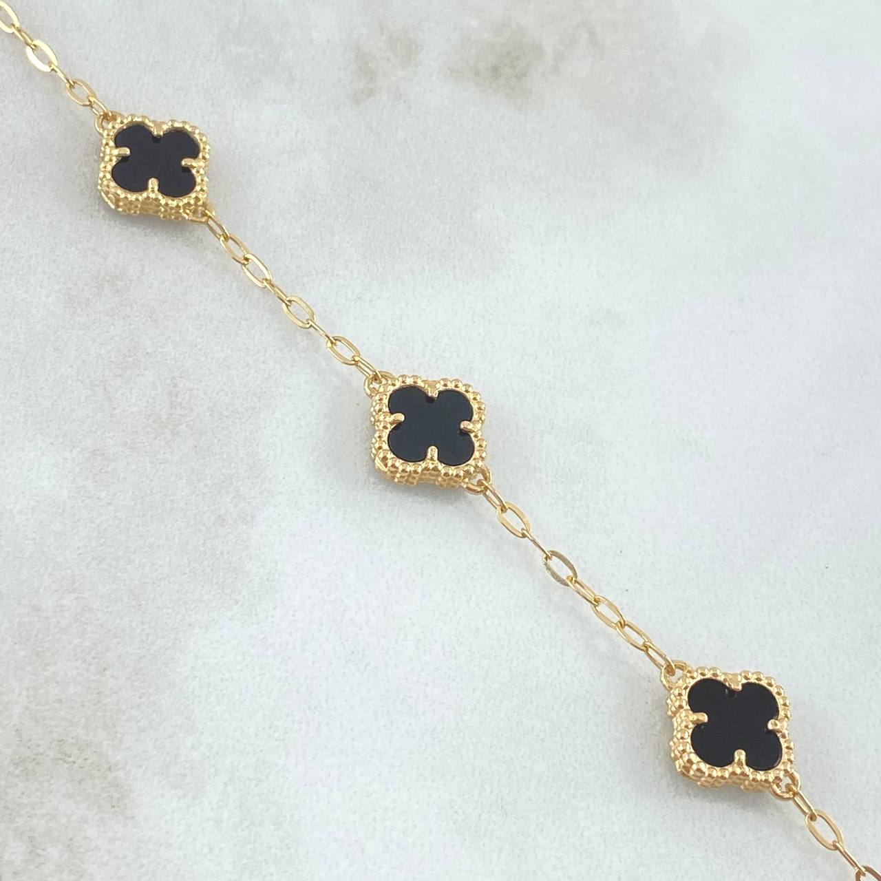 Pulso Trebol Onix Negro 3.2gr / 16cm-17cm / 8mm Oro Amarillo Nac.Esp. 18K ©