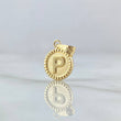 Dije Letra P Mate 0.55gr / 1.5cm / Circulo Cargador Bordeado Oro Amarillo 18K ©