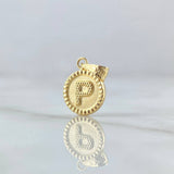 Dije Letra P Mate 0.55gr / 1.5cm / Circulo Cargador Bordeado Oro Amarillo 18K *