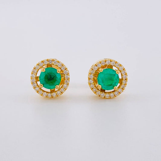 Topos Halo Chaton Esmeraldas 1.2qts Diamantes 42pts 4.1g / 9mm Oro Amarillo 18K