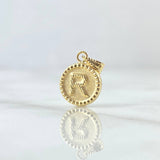 Dije Letra R Mate 0.55gr / 1.5cm / Circulo Cargador Bordeado Oro Amarillo 18K