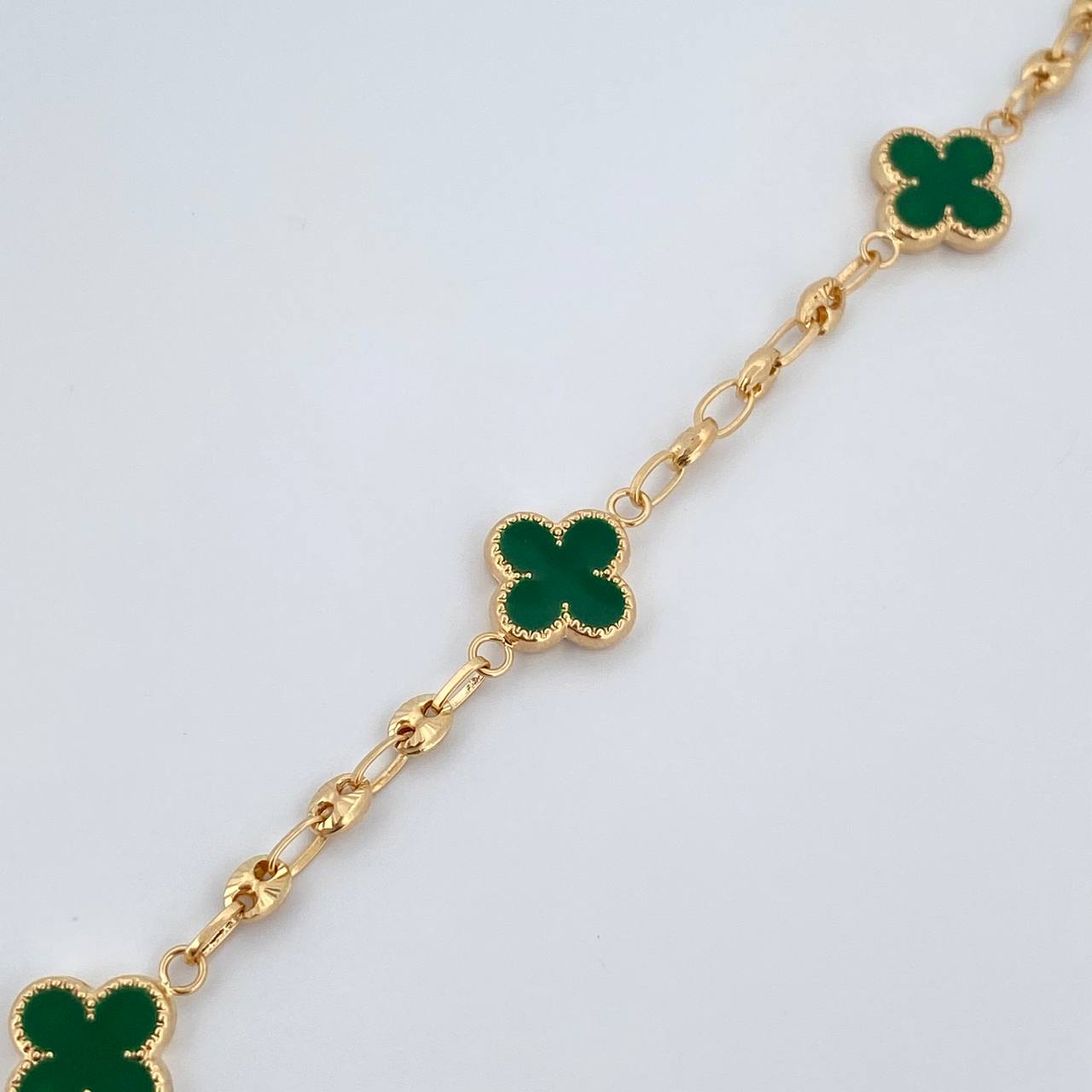 Pulso GC Trebol 3.85gr / 18cm / 3.1mm Diamantado Electroestatico Verde Oro Amarillo 18K &