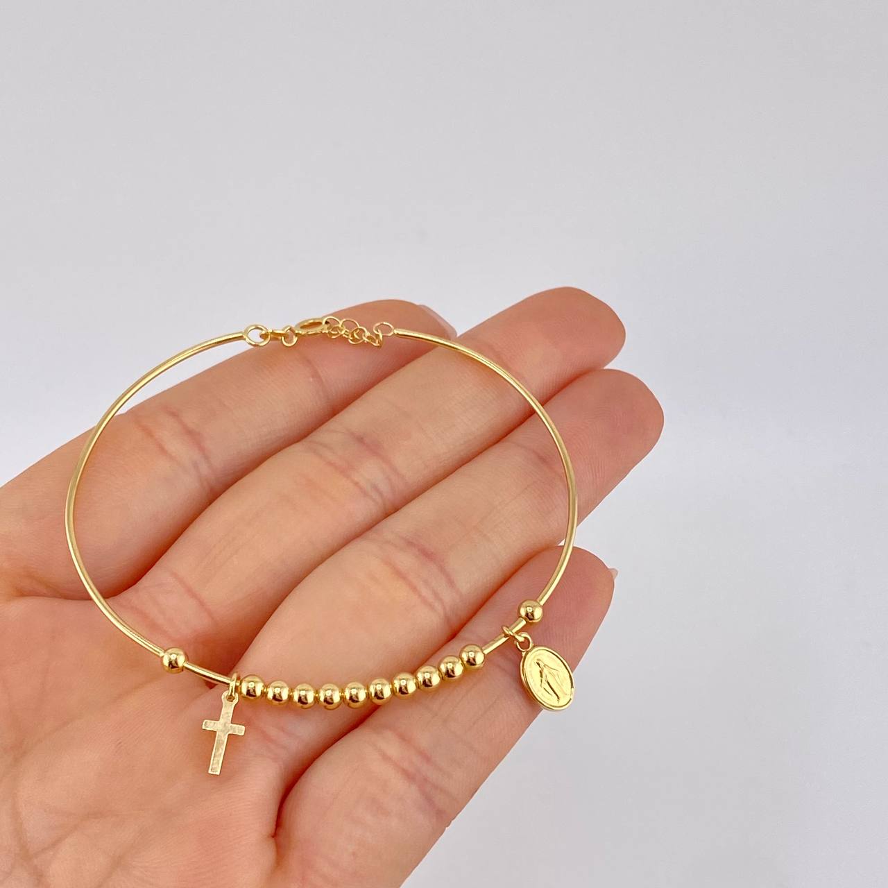 Pulso Aro Bolas Virgen Milagrosa 4.35 g / 18.6 cm / 3 mm Oro Amarillo 18K