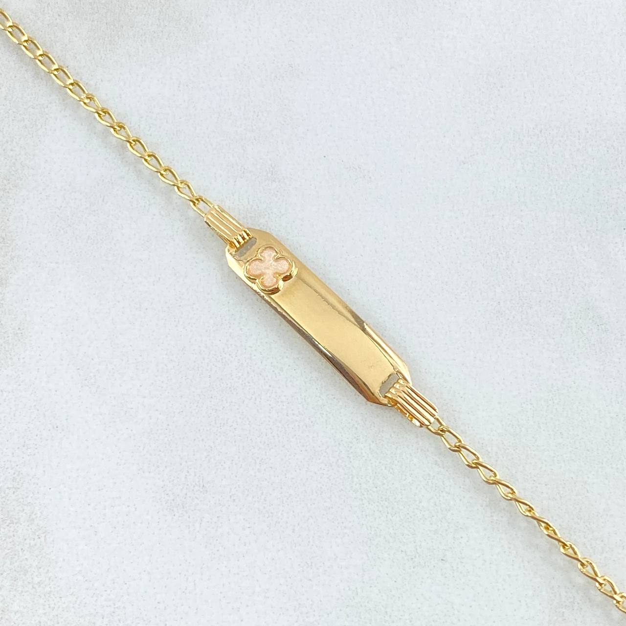 Pulso Bebé Espiga Placa Rectangular Trebol 1.75gr / 12cm-14cm / 1.6mm Resina Perlada Graduable Oro Amarillo 18K *