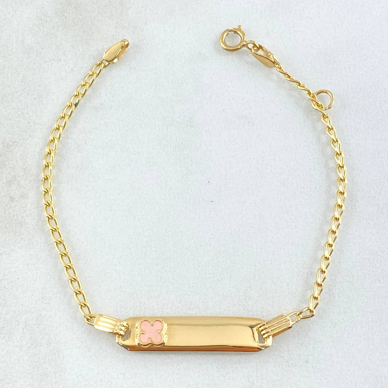 Pulso Bebé Espiga Placa Rectangular Trebol 1.75gr / 12cm-14cm / 1.6mm Resina Rosada Graduable Oro Amarillo 18K *