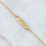 Pulso Bebé Espiga Placa Rectangular Trebol 1.7gr / 13cm-14cm / 1.6mm Resina Rosada Graduable Oro Amarillo 18K ©