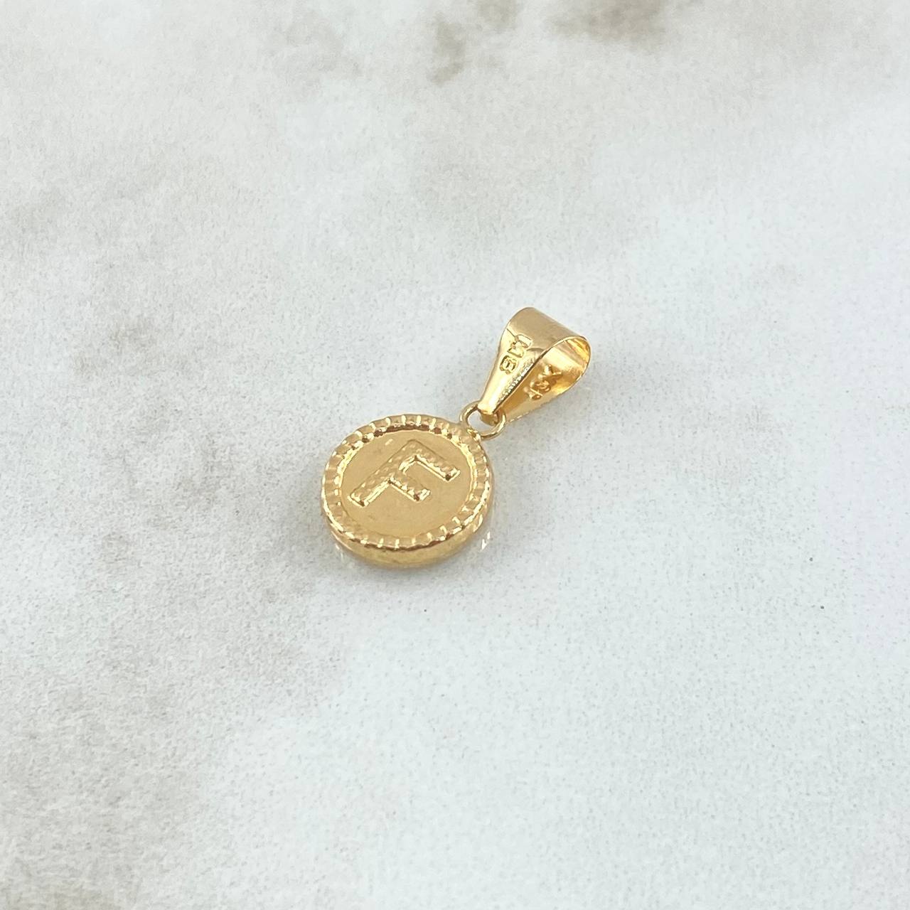 Dije Letra F 0.65gr / 2cm / Circulo Bordeado Oro Amarillo 18K ©