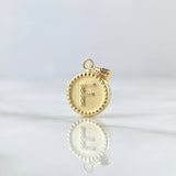 Dije Letra F Mate 0.55gr / 1.5cm / Circulo Cargador Bordeado Oro Amarillo 18K