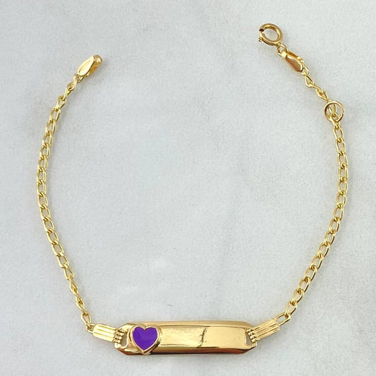Pulso Bebé Espiga Placa Rectangular Corazon 1.8gr / 12cm-14cm / 1.6mm Resina Morada Graduable Oro Amarillo 18K *
