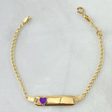 Pulso Bebé Espiga Placa Rectangular Corazon 1.65gr / 13cm-14cm / 1.6mm Resina Morada Graduable Oro Amarillo 18K ©