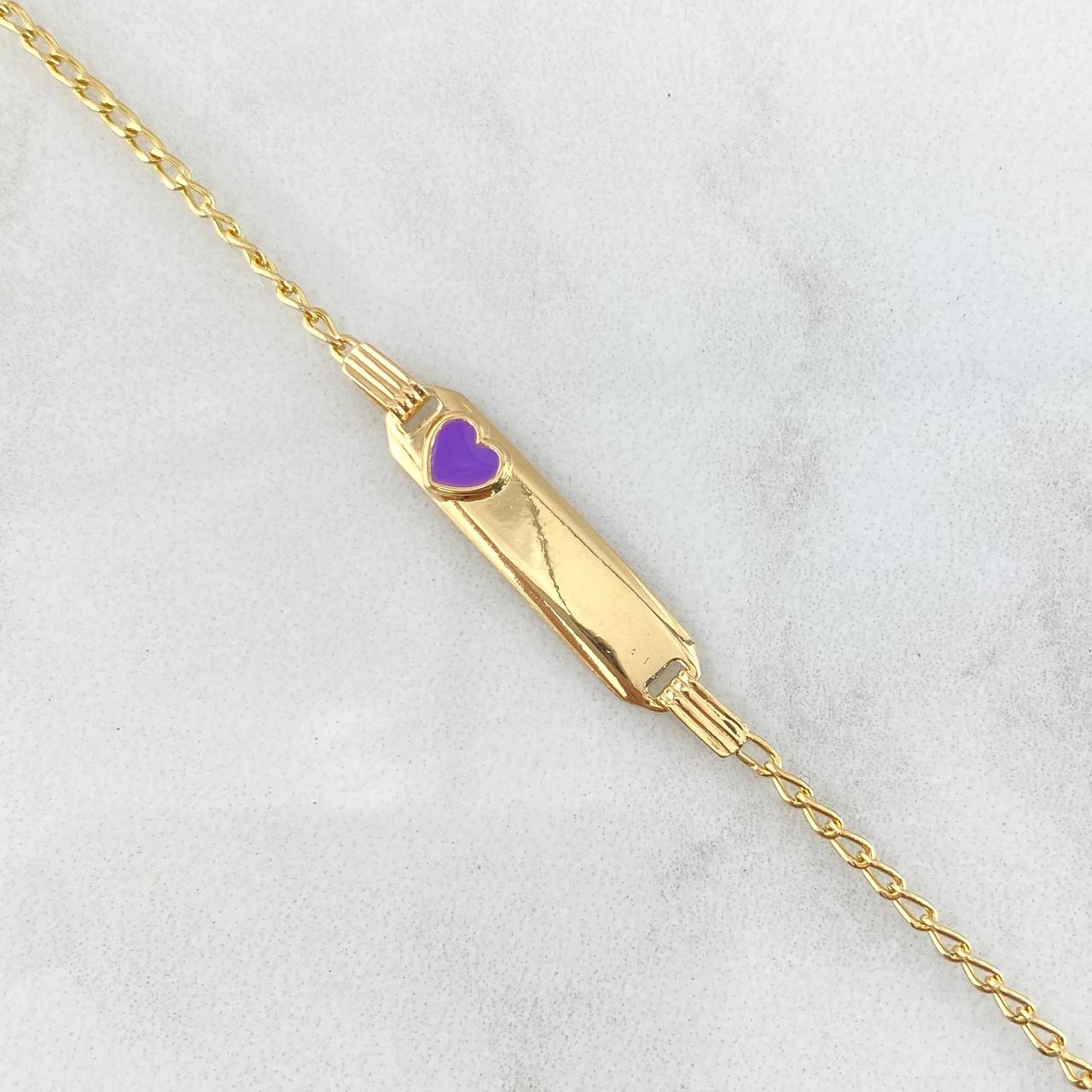 Pulso Bebé Espiga Placa Rectangular Corazon 1.65gr / 13cm-14cm / 1.6mm Resina Morada Graduable Oro Amarillo 18K ©