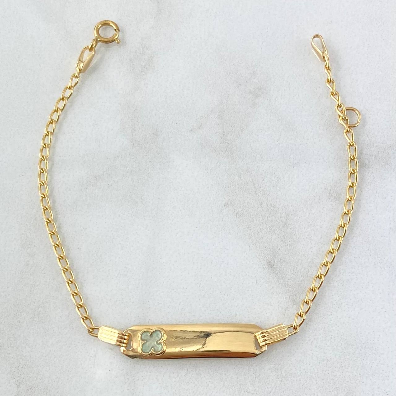 Pulso Bebé Espiga Placa Rectangular Trebol 1.7gr / 13cm-14cm / 1.6mm Resina Verde Graduable Oro Amarillo 18K ©