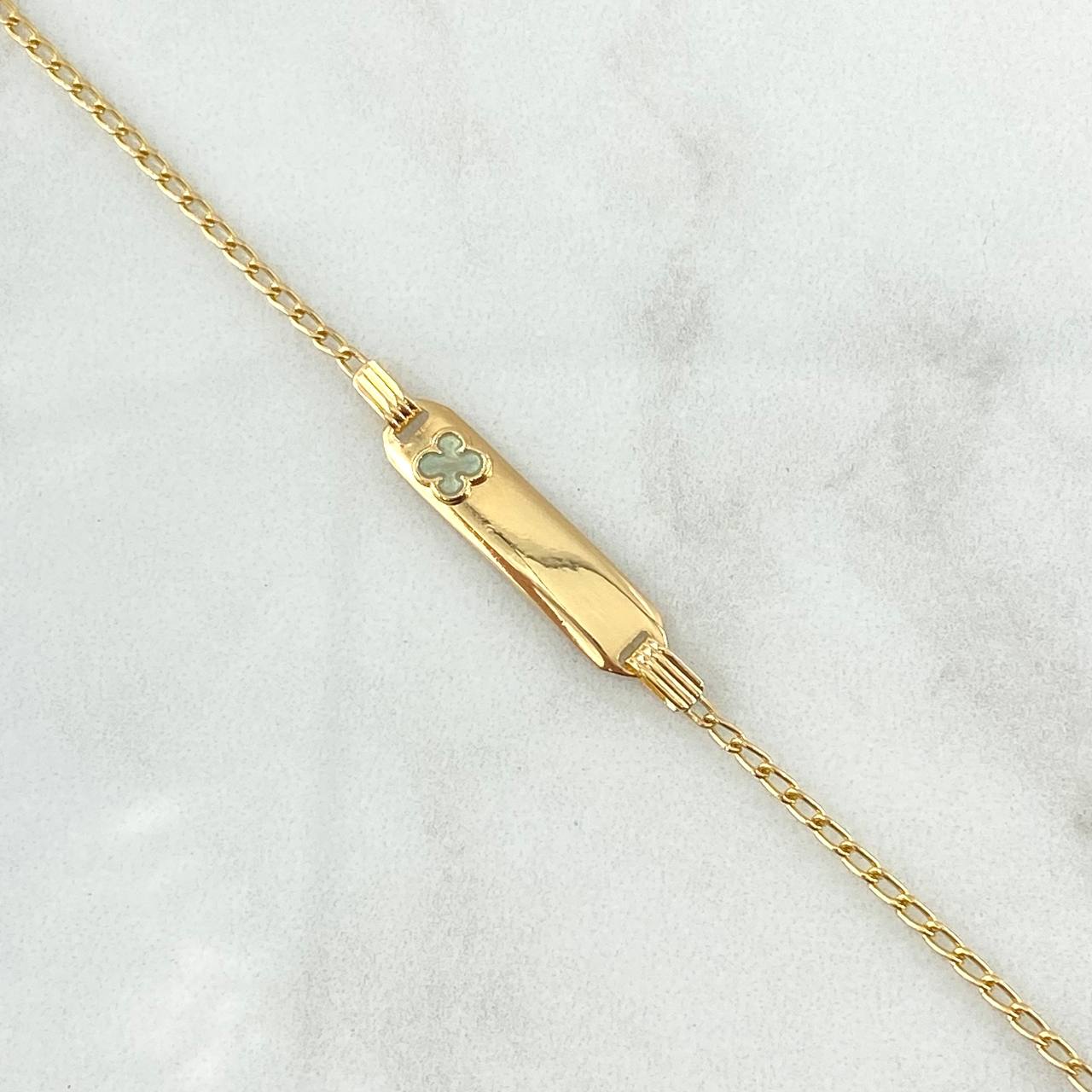 Pulso Bebé Espiga Placa Rectangular Trebol 1.7gr / 13cm-14cm / 1.6mm Resina Verde Graduable Oro Amarillo 18K ©