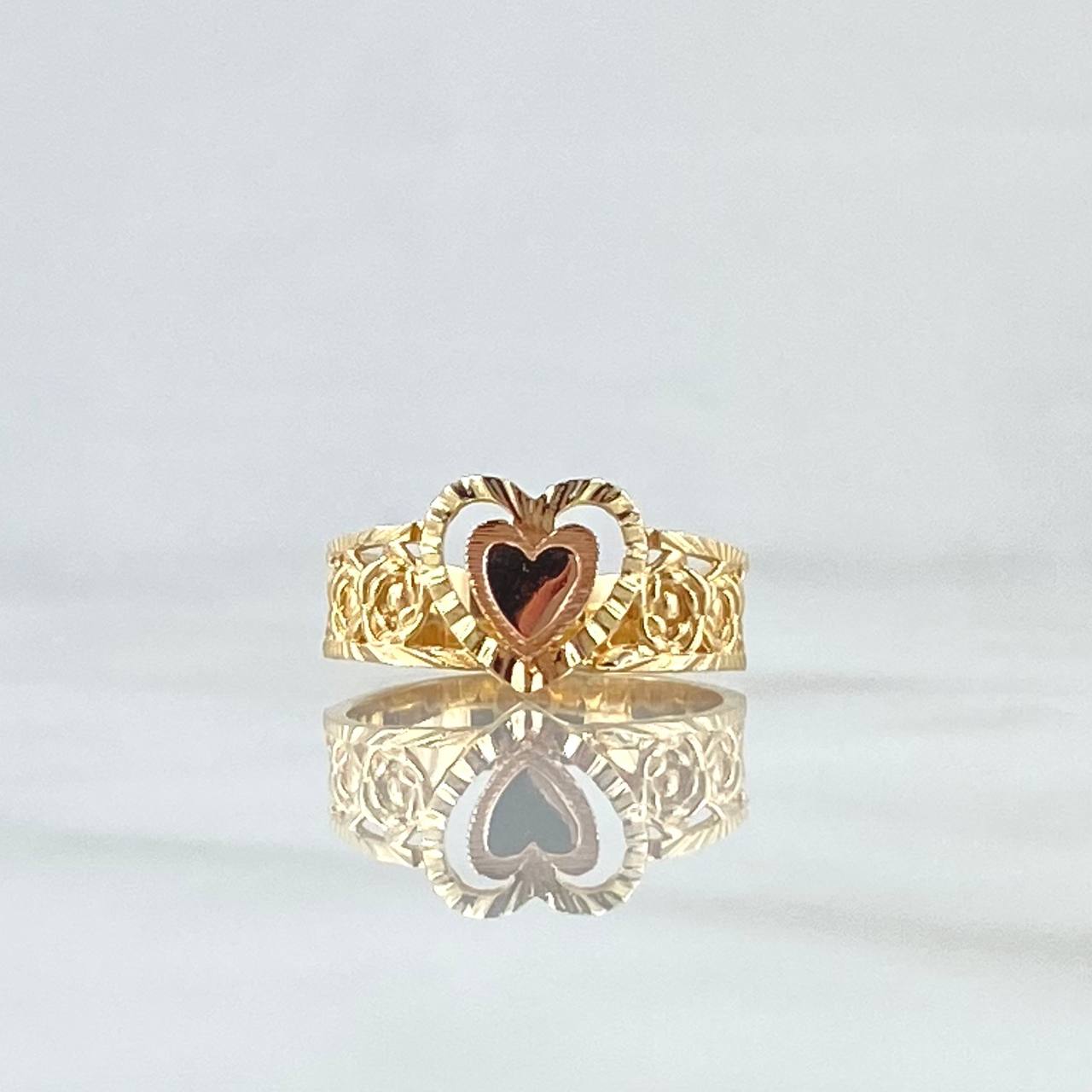 Anillo Rosas Corazon 3.2gr / T4 3/4 / Diamantado Dos Oros Amarillo Rosa 18K ©