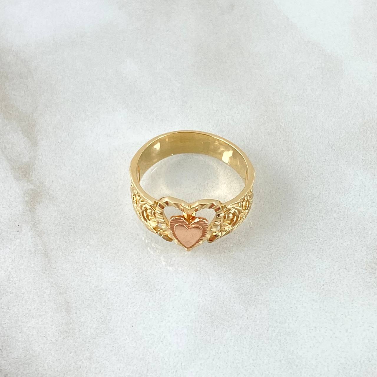 Anillo Rosas Corazon 3.6gr / T5 1/4 / Diamantado Dos Oros Amarillo Rosa 18K