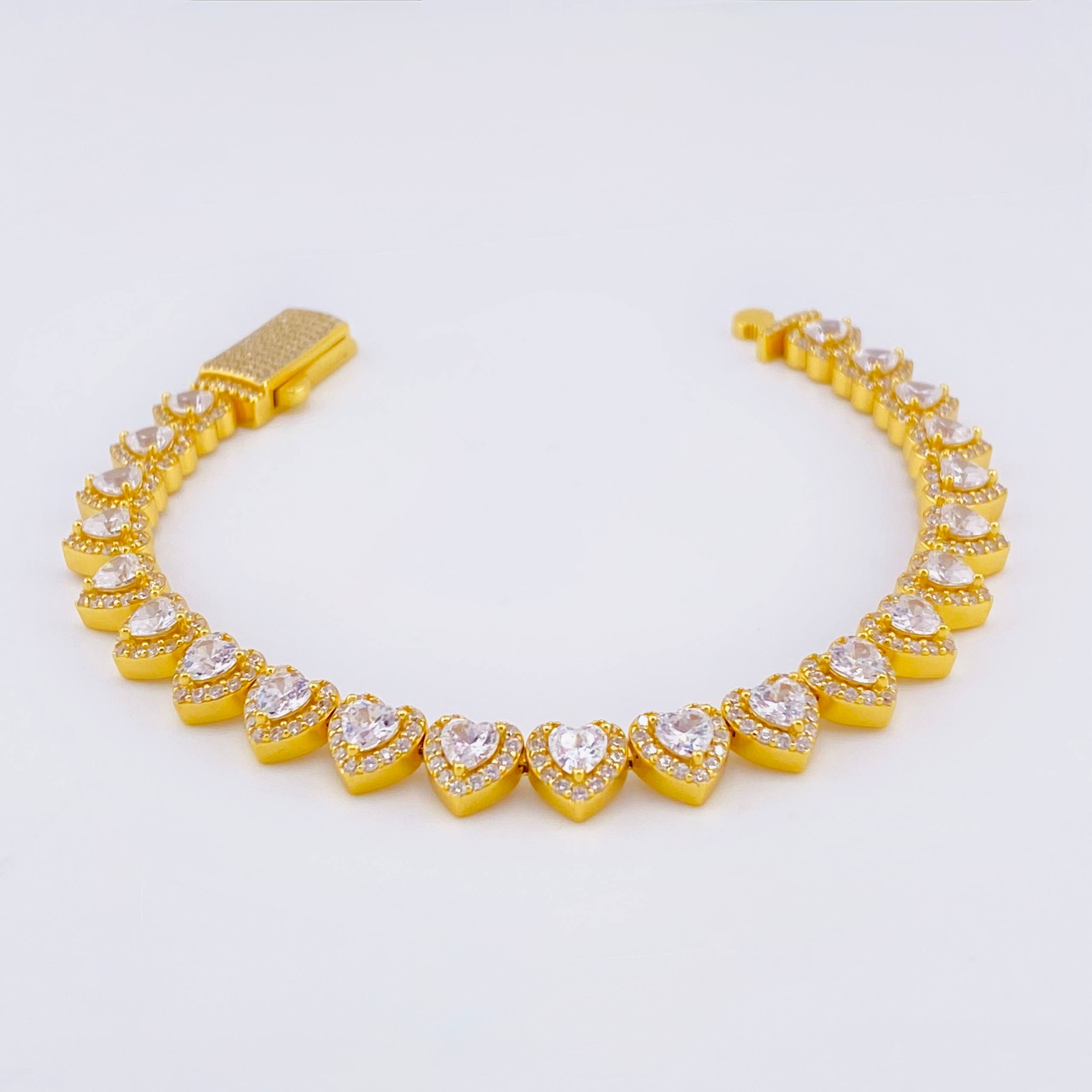 Pulso Tenis Corazones Amarillo 17.25gr / 17.5cm / 7.2mm Plata 925 *