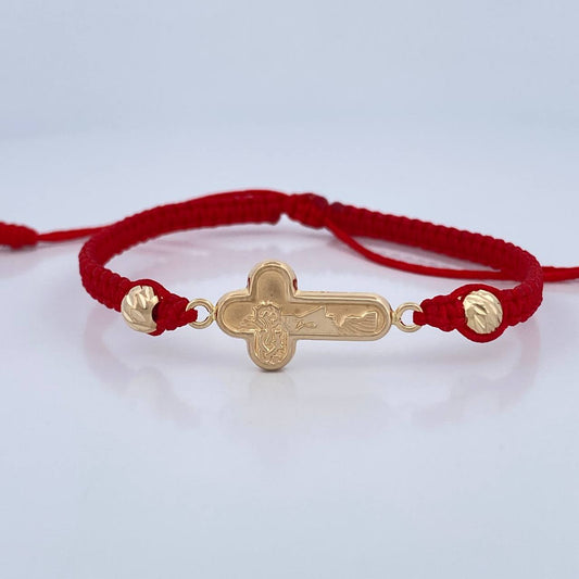 Pulsera Tejida Roja Cruz Cristo 1.15gr / Oro 18K $