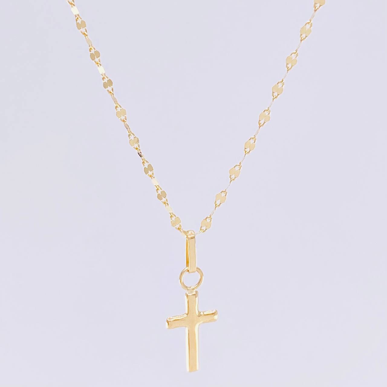 Set Cadena Flor Espejo + Dije Cruz Lisa / 1gr / 45 cm Oro Amarillo 18K