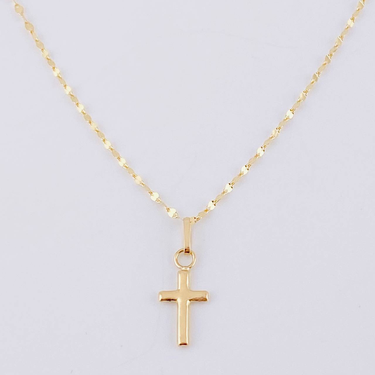 Set Cadena Flor Espejo + Dije Cruz Lisa / 1gr / 45 cm Oro Amarillo 18K