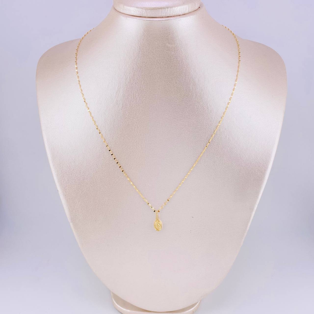 Set Cadena Flor Espejo + Dije Virgen Milagrosa / 1.1gr / 45 cm Oro Amarillo 18K
