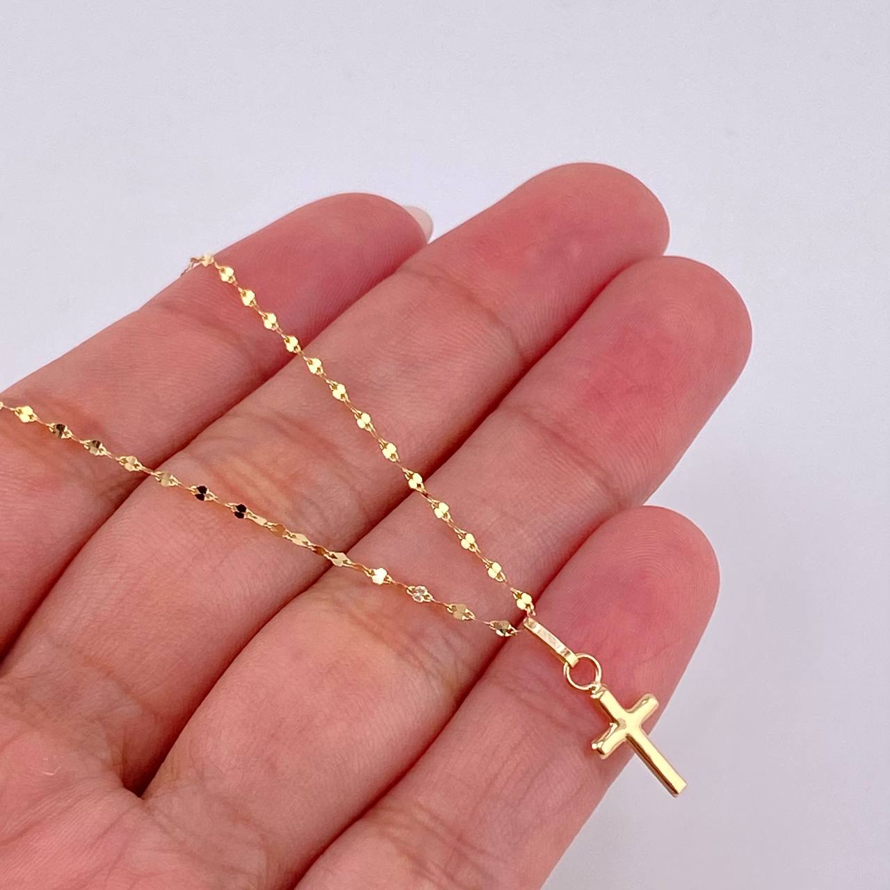 Set Cadena Flor Espejo + Dije Cruz Lisa / 1gr / 45 cm Oro Amarillo 18K