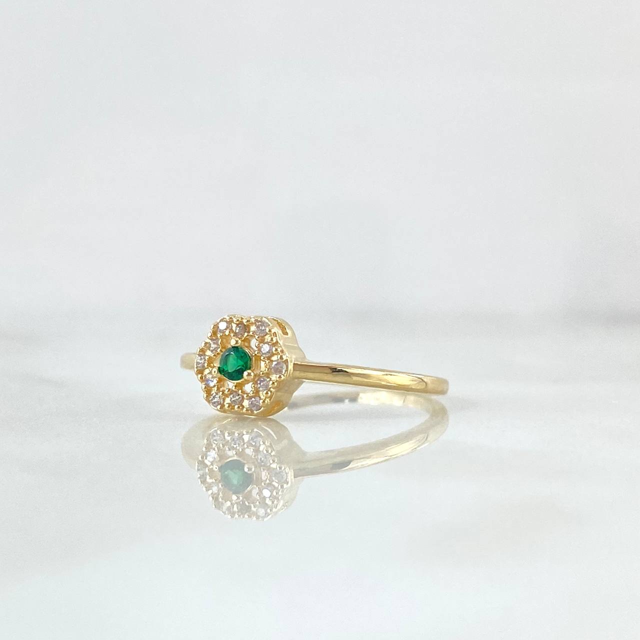Anillo Flor Hectagonal 1.8gr / T5 3/4 / Circones Blancos Verde Oro Amarillo 18K ©