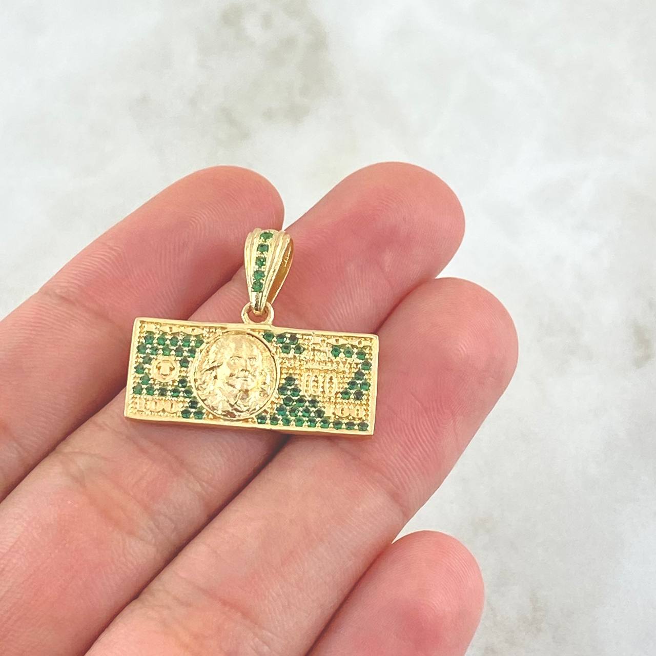 Dije Dólar 3.7gr / 2.5cm / Circones Verdes Oro Amarillo 18K ©